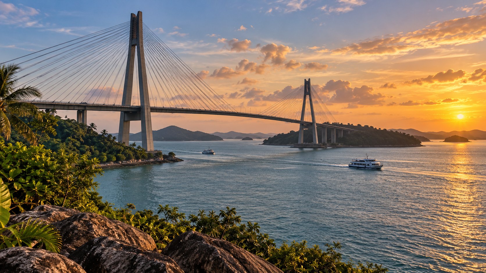 Island bridge over the Riau Islands strait at sunset